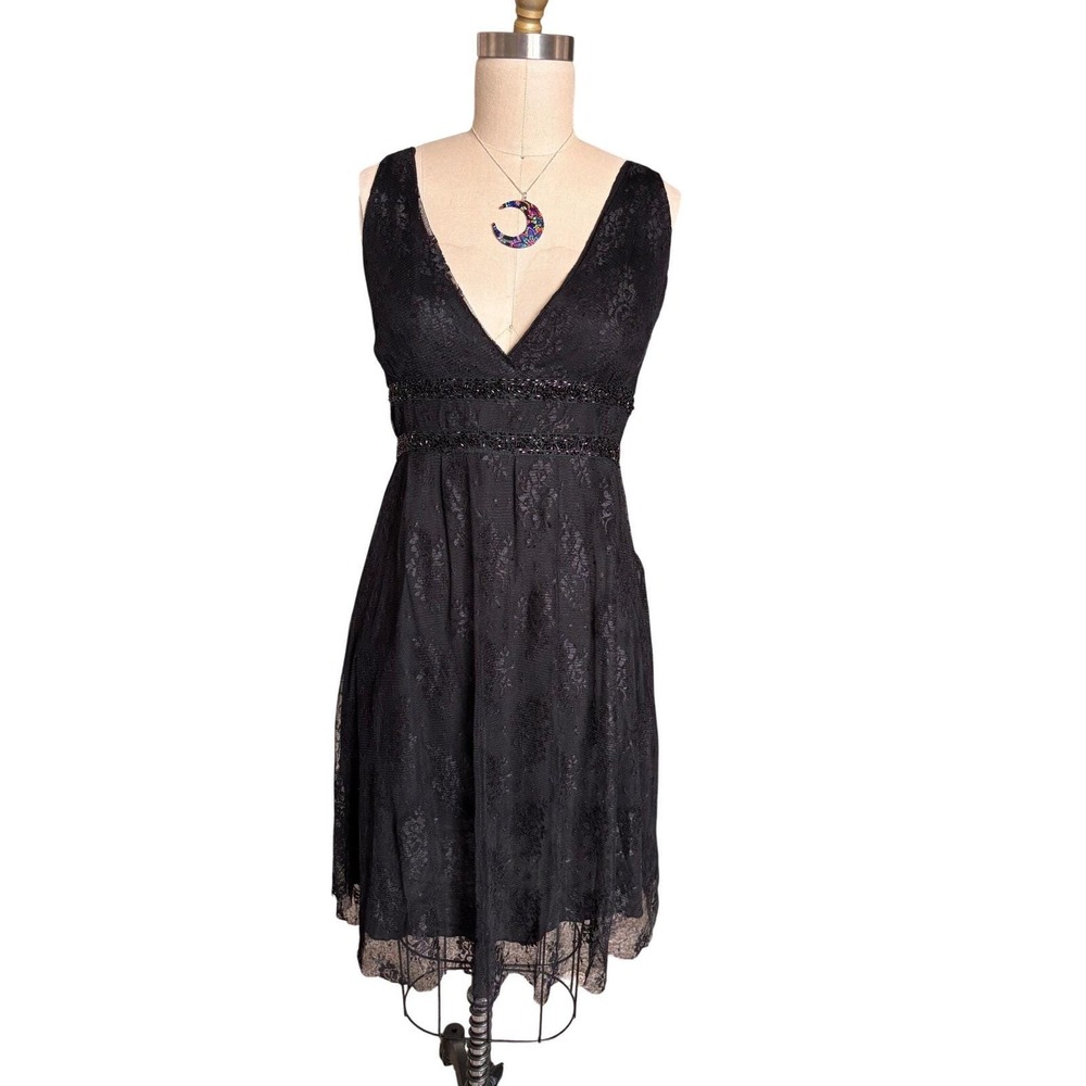 Y2K Lace Cocktail Dress Black Beaded Whimsigoth Empire Waist V-Neck Vintage - Picture 1 of 10